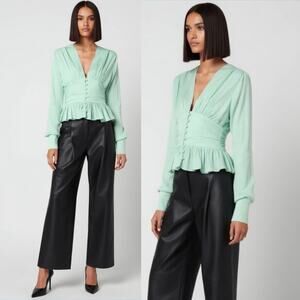 ROTATE Tracy Plunge Neckline Blouse Mint Green Sz Large Preppy Chic Luxury Top